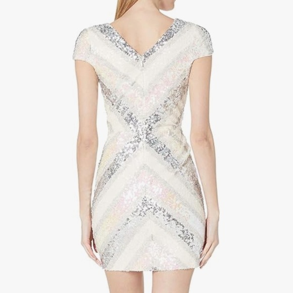 Dress the Population Zoe White Silver Sequin Deep V Cap Sleeve Dress Size Large - Picture 14 of 14